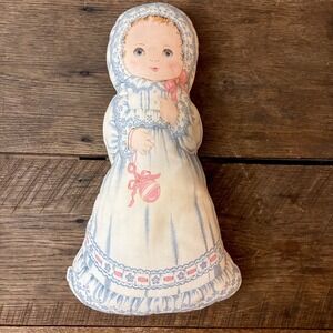 Vintage 80's Doll Hand Sewn Foam Filled 16 in Dress & Bonnet Rattle Blue Pink